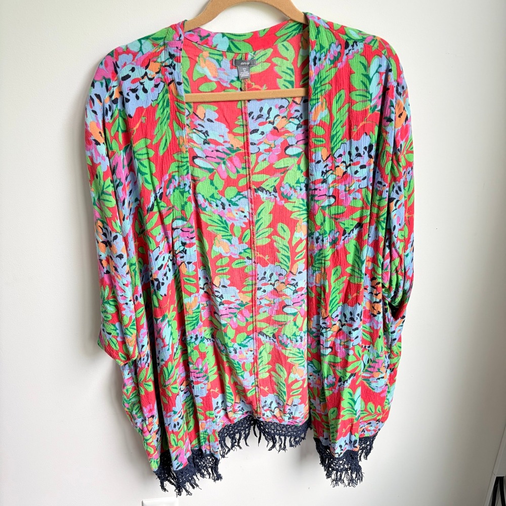 Aerie Kimono Wrap Size S Boho Floral Red Green Fringe‎ Trim Open Front Cardigan